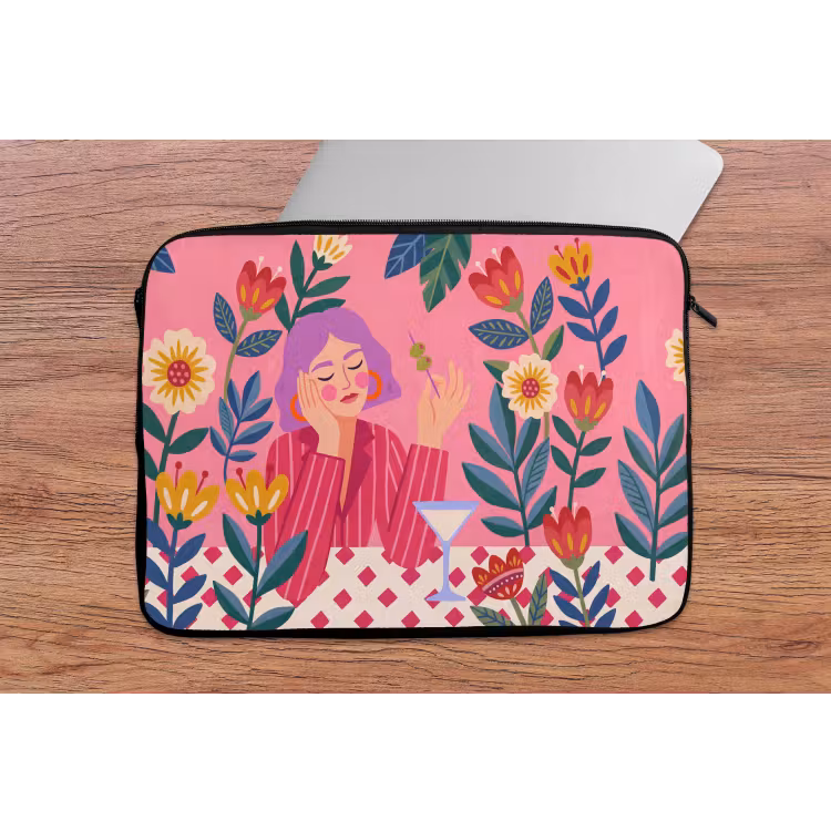 Vrouw - Cocktail - Bloemen - Modern - Roze laptophoes neopreen klein -tafel