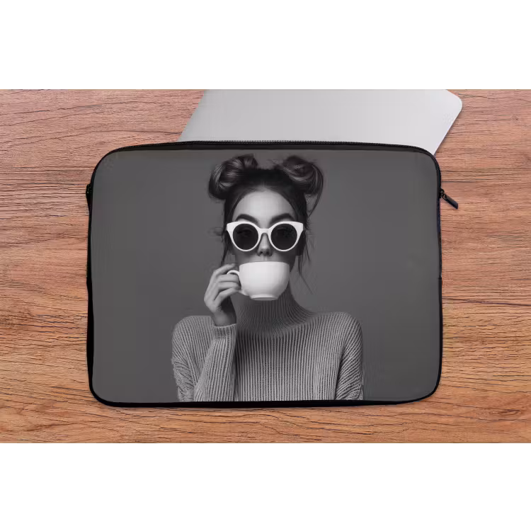 Vrouw - Koffie - Zwart - Wit laptophoes neopreen klein -tafel