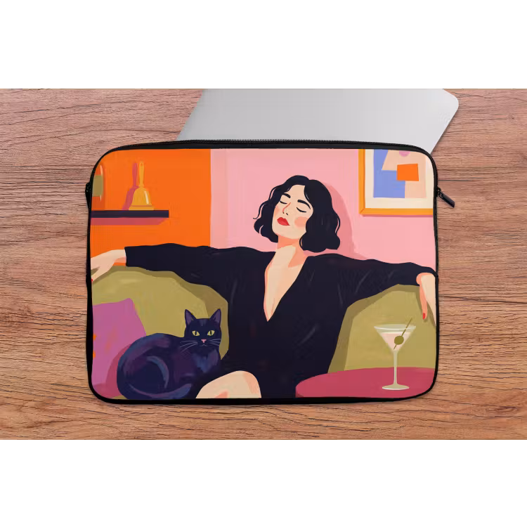 Vrouw - Kat - Interieur - Modern - Kleurrijk laptophoes neopreen klein -tafel
