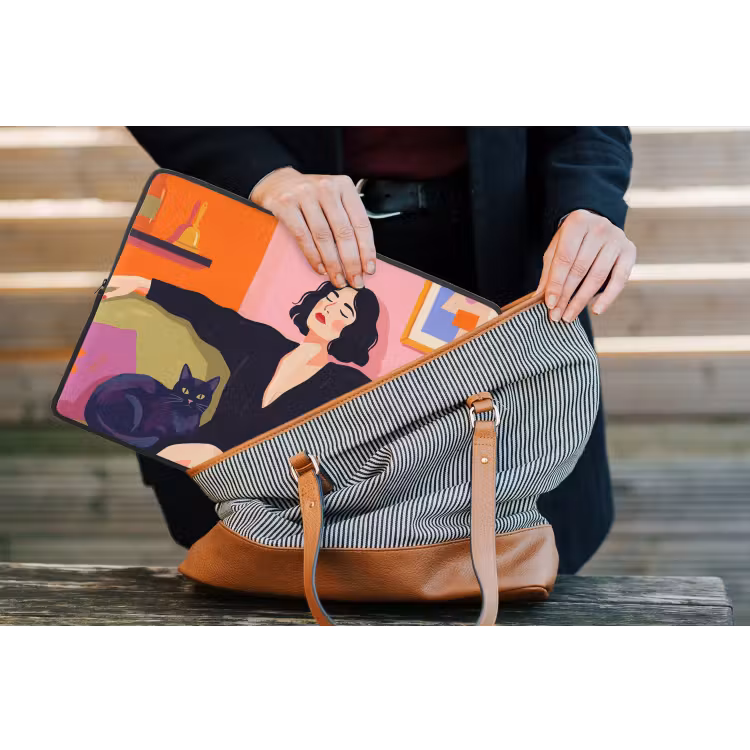 Vrouw - Kat - Interieur - Modern - Kleurrijk laptophoes neopreen klein -tas