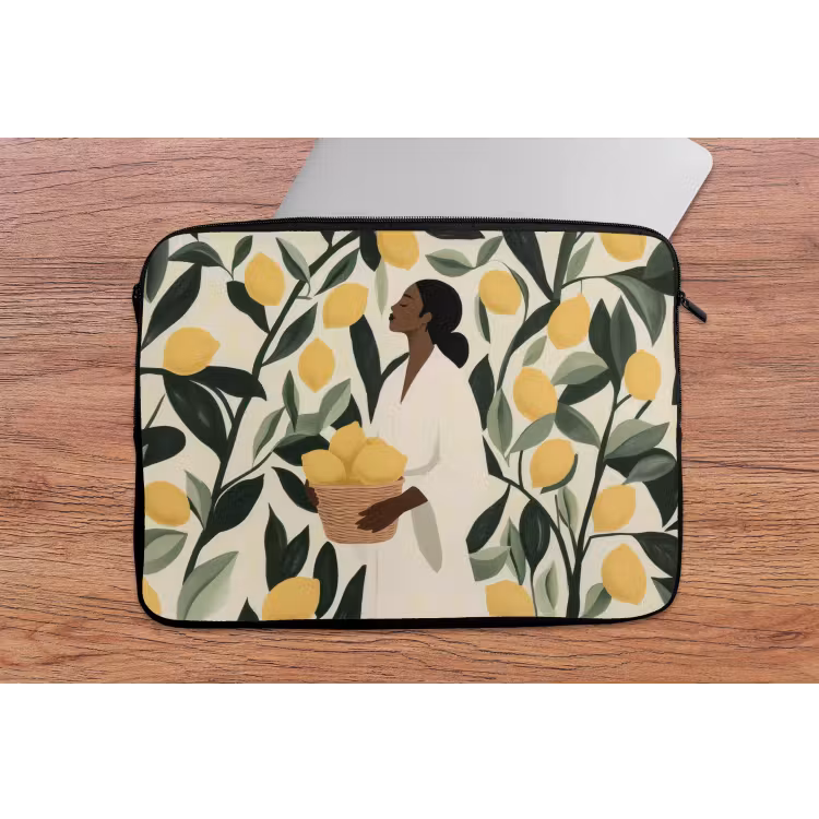 Vrouw - Mand - Citroenen - Bladeren laptophoes neopreen klein -tafel