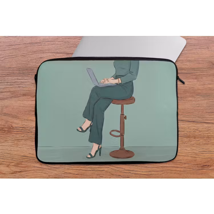 Vrouw - Laptop - Zittend - Illustratie - Groen laptophoes neopreen klein -tafel
