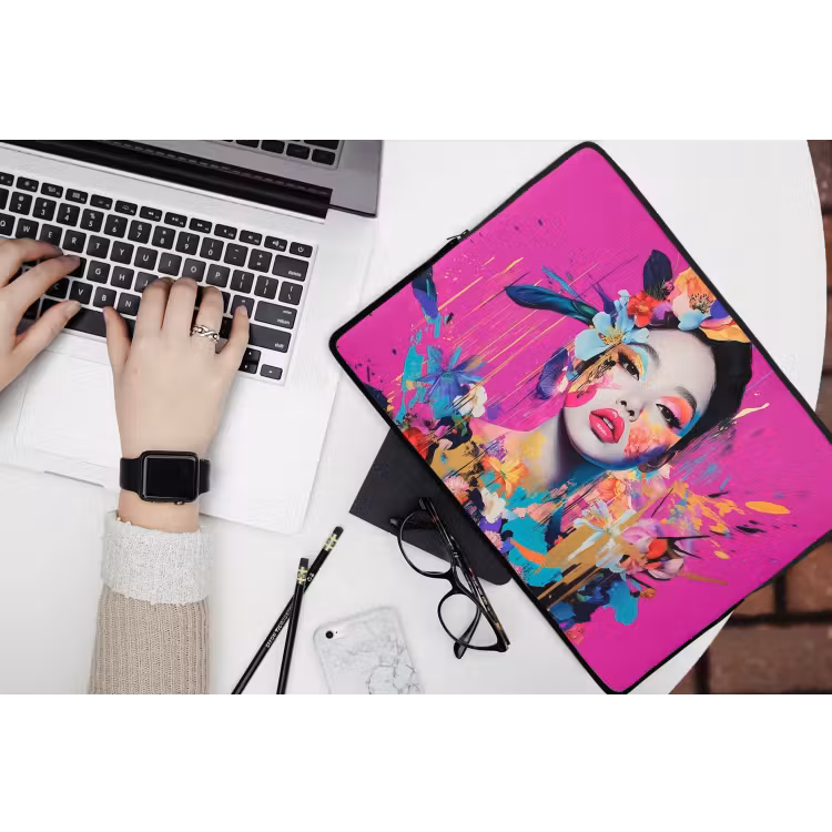 Vrouw - Portret - Abstract - Paars laptophoes neopreen klein -bureau