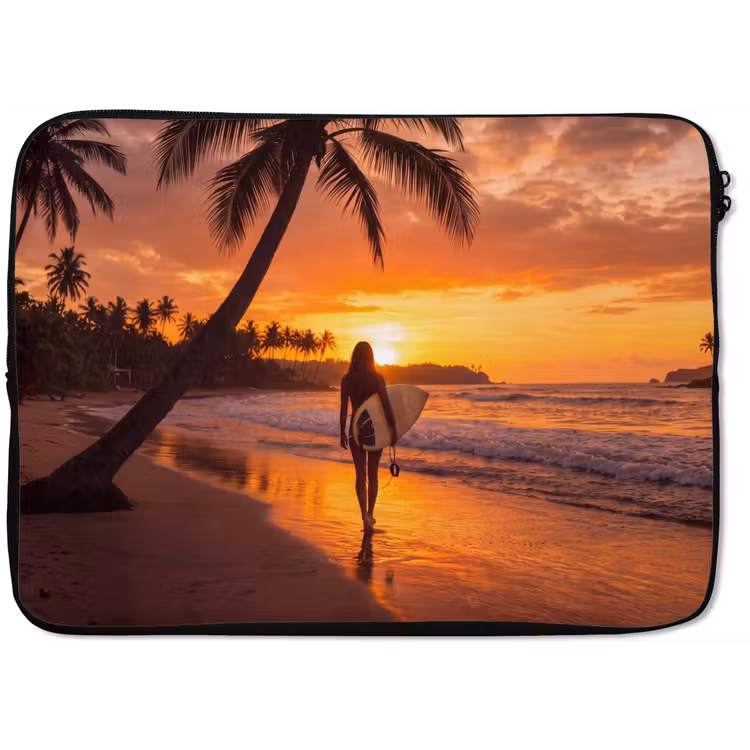 Vrouw - Surfplank - Strand - Zonsondergang - Oranje laptophoes neopreen klein -zkaufland3dotto