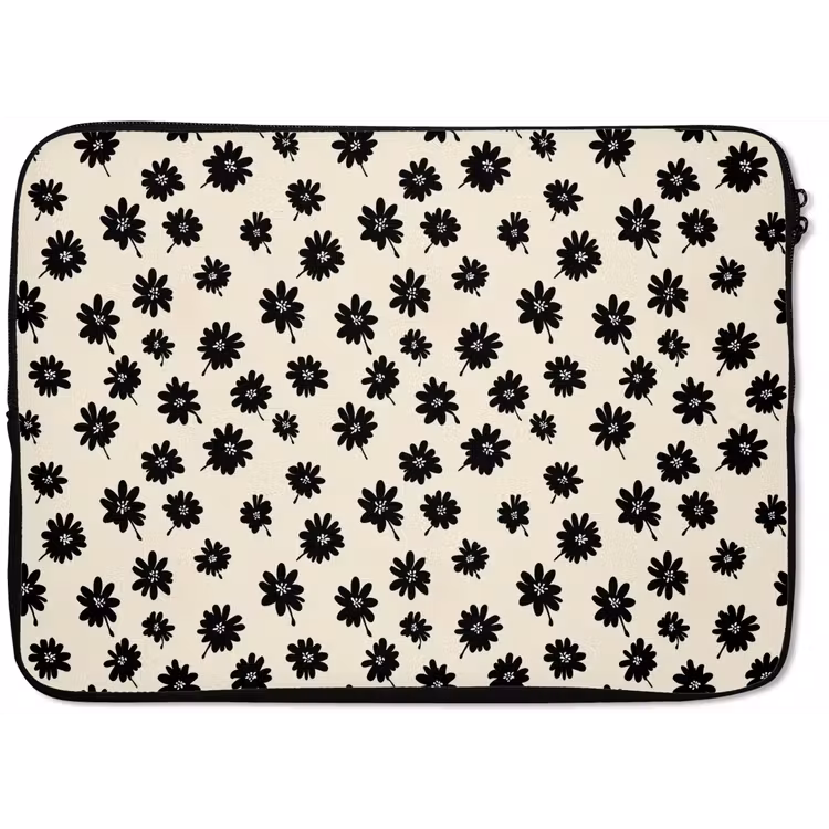 Madeliefjes - Grafisch - Zwart - Beige laptophoes neopreen klein 279 -zkaufland3dotto
