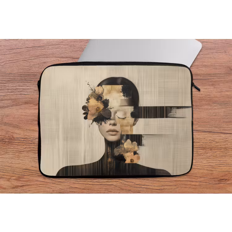 Gezicht - Bloemen - Zwart - Vrouw laptophoes neopreen klein -tafel