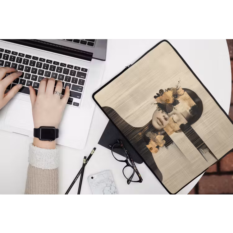 Gezicht - Bloemen - Zwart - Vrouw laptophoes neopreen klein -bureau