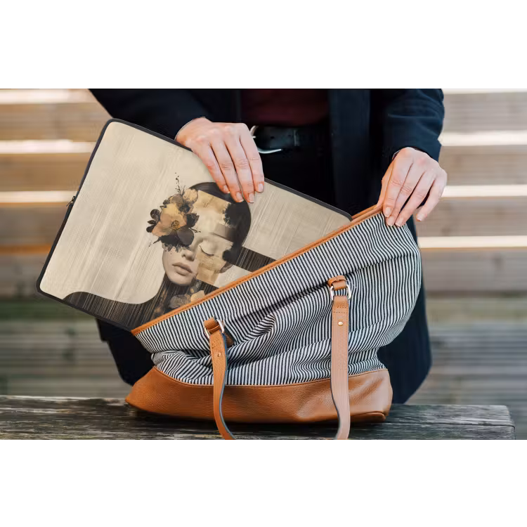 Gezicht - Bloemen - Zwart - Vrouw laptophoes neopreen klein -tas