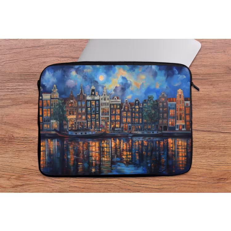 Grachten Amsterdam - Huizen - Stad - Kleurrijk laptophoes neopreen klein -tafel