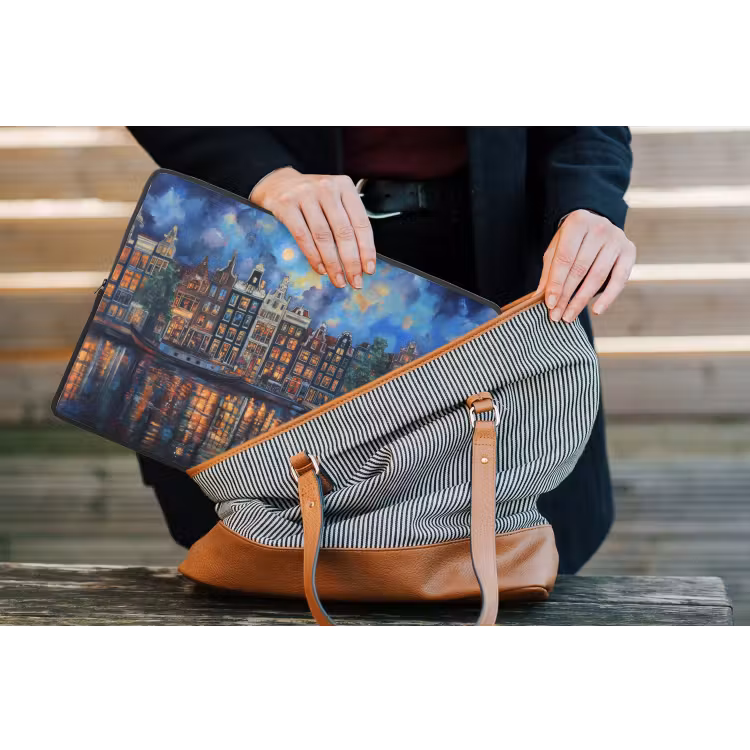 Grachten Amsterdam - Huizen - Stad - Kleurrijk laptophoes neopreen klein -tas