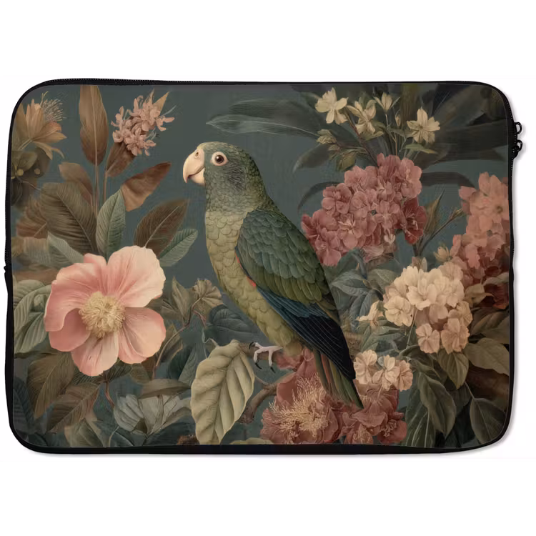 Groene papegaai - Kleurrijke bloemen - Donkere achtergrond laptophoes neopreen klein -zkaufland3dotto