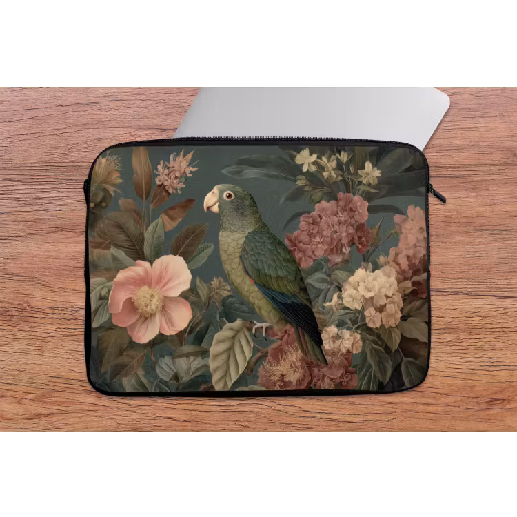 Groene papegaai - Kleurrijke bloemen - Donkere achtergrond laptophoes neopreen klein -tafel