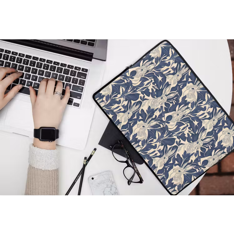 Hazen - Bladeren - Patroon - Blauw - Beige laptophoes neopreen klein 279 -bureau