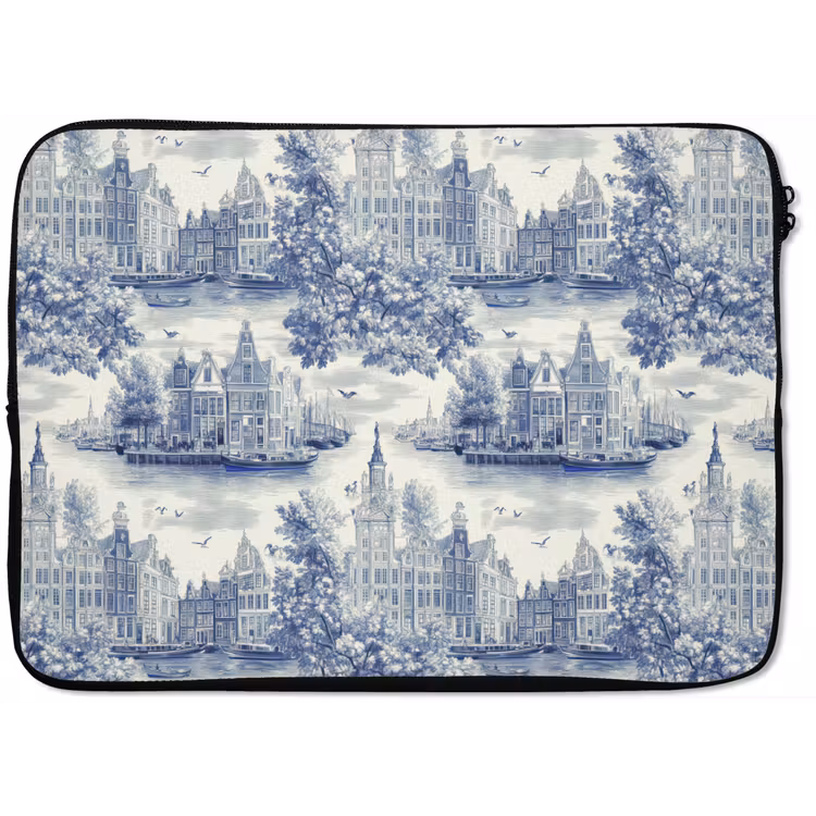 Huizen - Bomen - Water - Vogels - Blauw laptophoes neopreen klein 279 -zkaufland3dotto