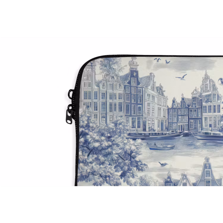 Huizen - Bomen - Water - Vogels - Blauw laptophoes neopreen klein 279 -detail
