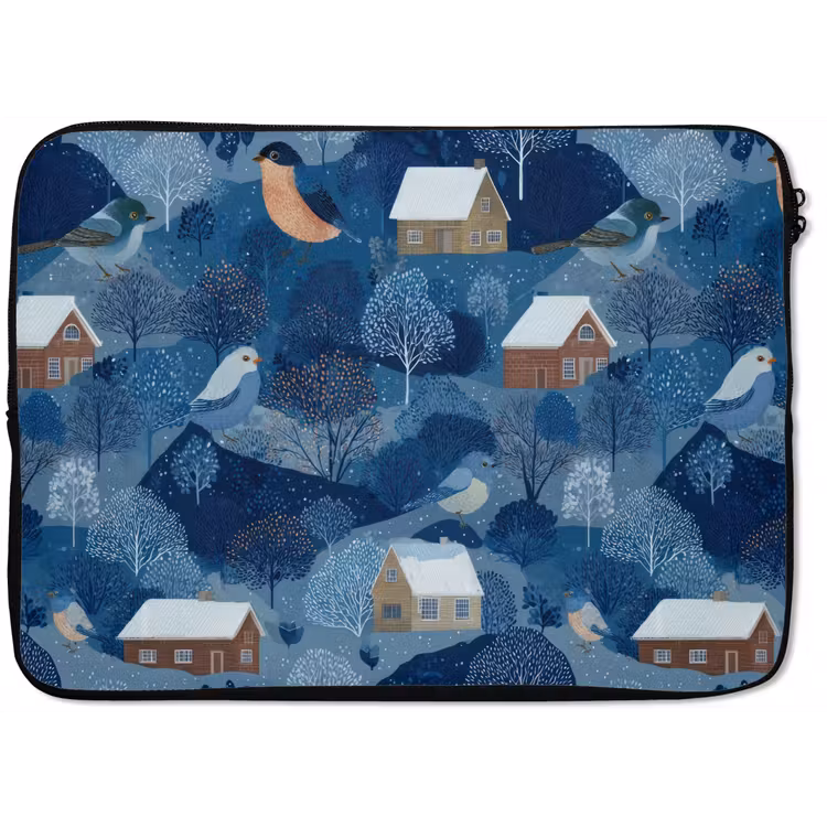 Huisjes - Vogels - Sneeuw - Winter - Blauw laptophoes neopreen klein 279 -zkaufland3dotto
