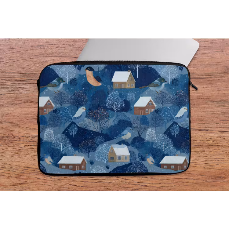 Huisjes - Vogels - Sneeuw - Winter - Blauw laptophoes neopreen klein 279 -tafel