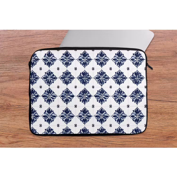 Tegelmotief - Blauw - Wit - Bloem laptophoes neopreen klein 279 -tafel