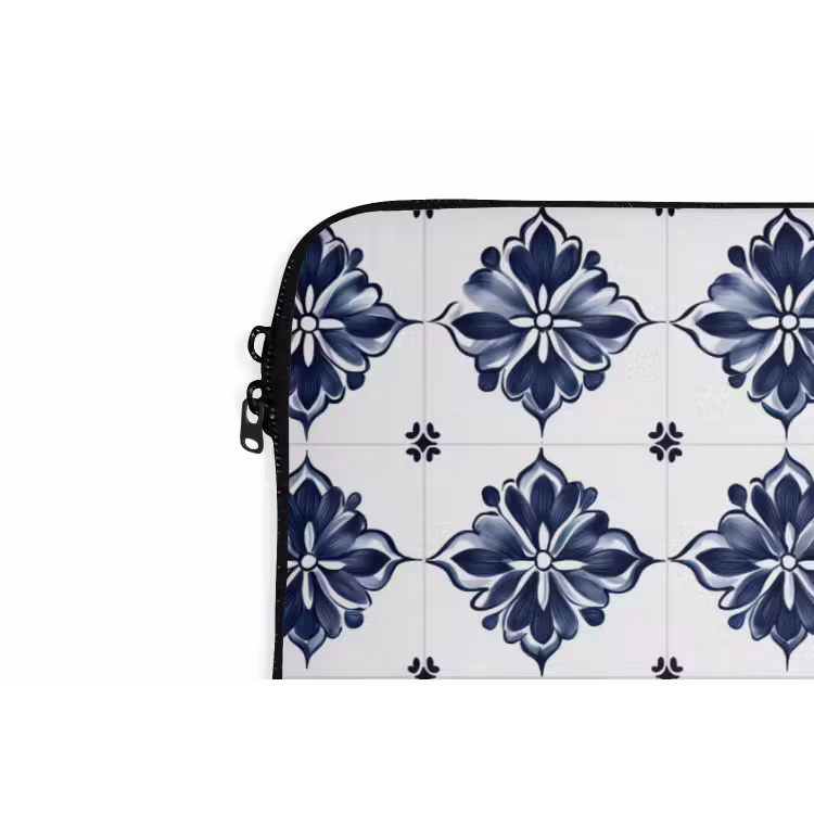 Tegelmotief - Blauw - Wit - Bloem laptophoes neopreen klein 279 -detail