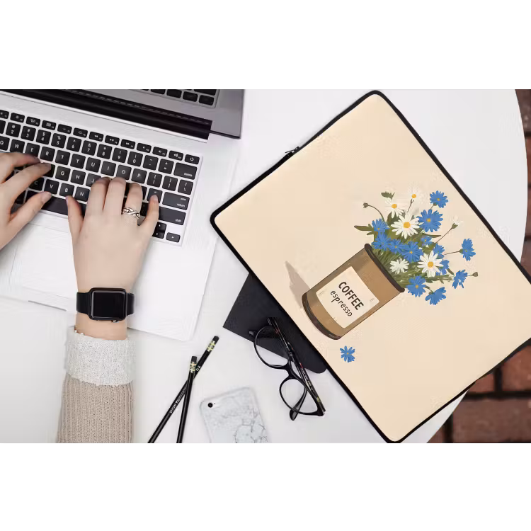 Coffee - Blik - Minimalistisch - Bloemen laptophoes neopreen klein -bureau