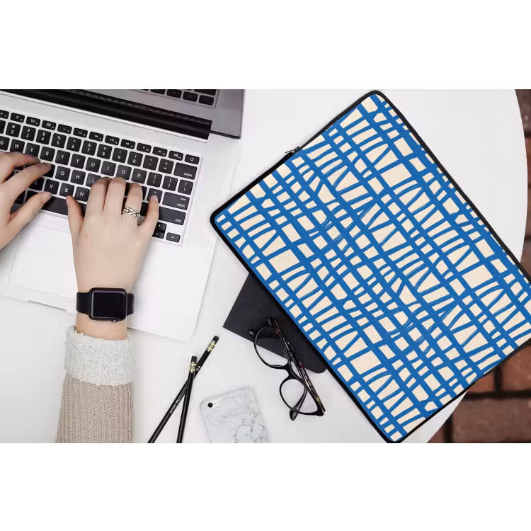 Ruitpatroon - Blauw - Crème laptophoes neopreen klein 279 -bureau