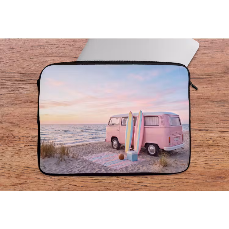 Busje - Strand - Surfplank - Zomer - Roze laptophoes neopreen klein -tafel