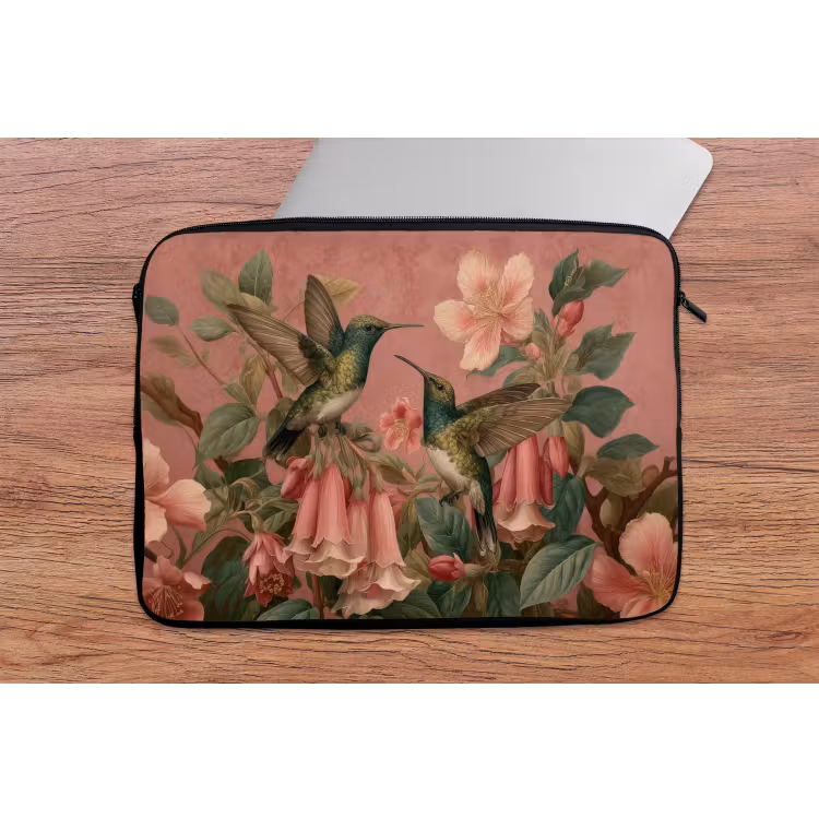 Kolibries - Bloemen - Groen - Roze laptophoes neopreen klein -tafel