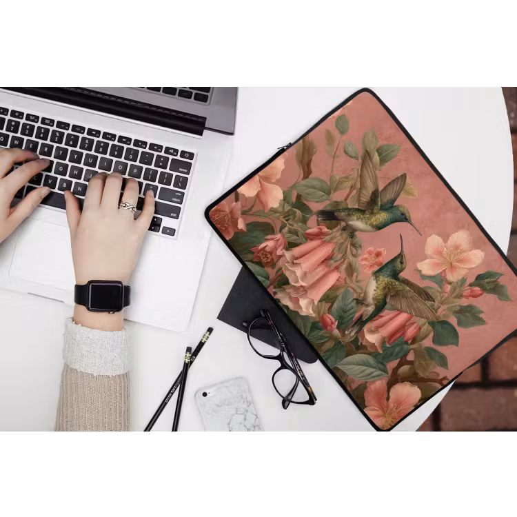 Kolibries - Bloemen - Groen - Roze laptophoes neopreen klein -bureau
