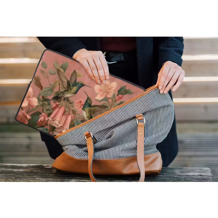 Kolibries - Bloemen - Groen - Roze laptophoes neopreen klein -tas