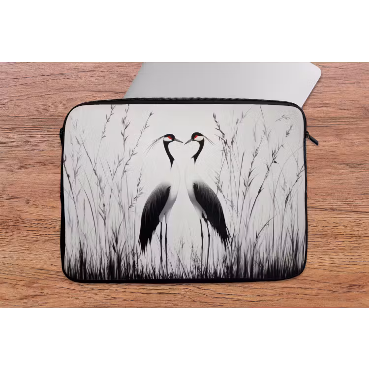 Kraanvogels - Gras - Hartvorm - Zwart laptophoes neopreen klein -tafel
