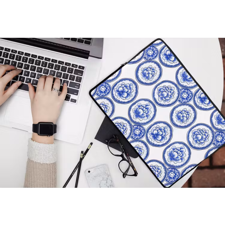 Cirkels - Bloemen - Blauw laptophoes neopreen klein 279 -bureau