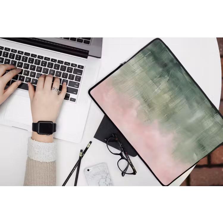Kunst - Abstract - Modern - Groen - Roze laptophoes neopreen klein -bureau