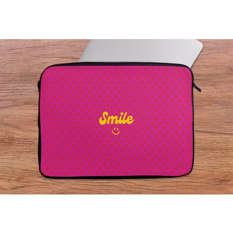 Smile - Stippen - Geel - Smiley - Roze laptophoes neopreen klein -tafel