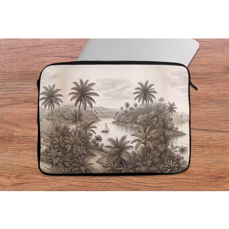 Landschap - Rivier - Boot - Tropisch - Vintage laptophoes neopreen klein -tafel