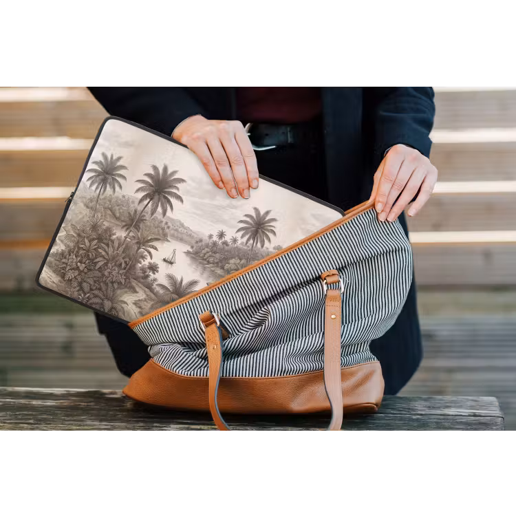 Landschap - Rivier - Boot - Tropisch - Vintage laptophoes neopreen klein -tas
