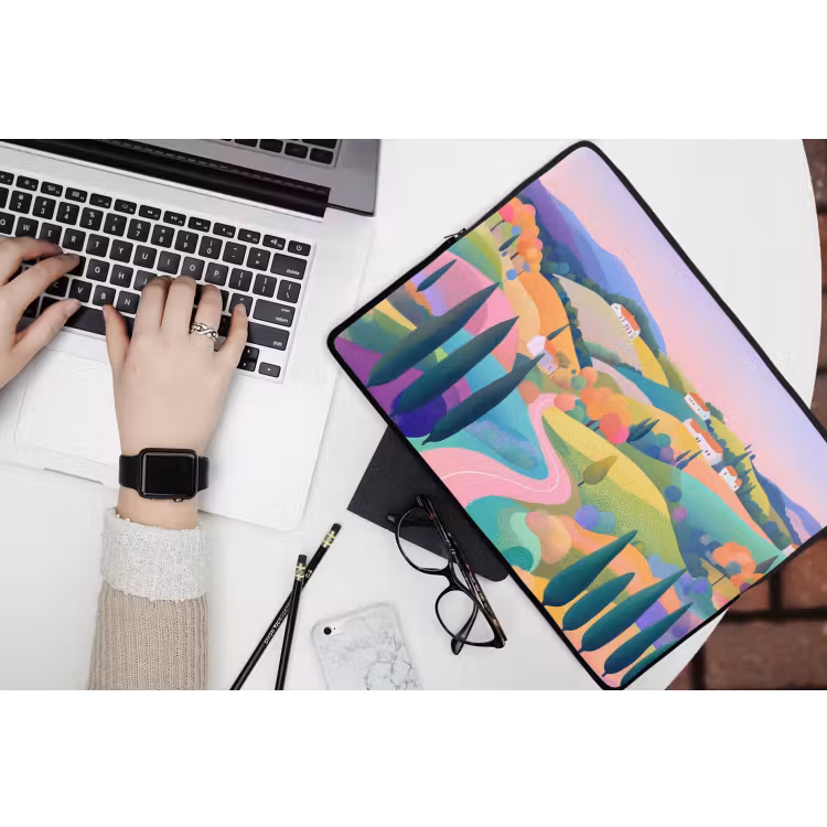 Landschap - Paars - Pastel - Huizen laptophoes neopreen klein -bureau