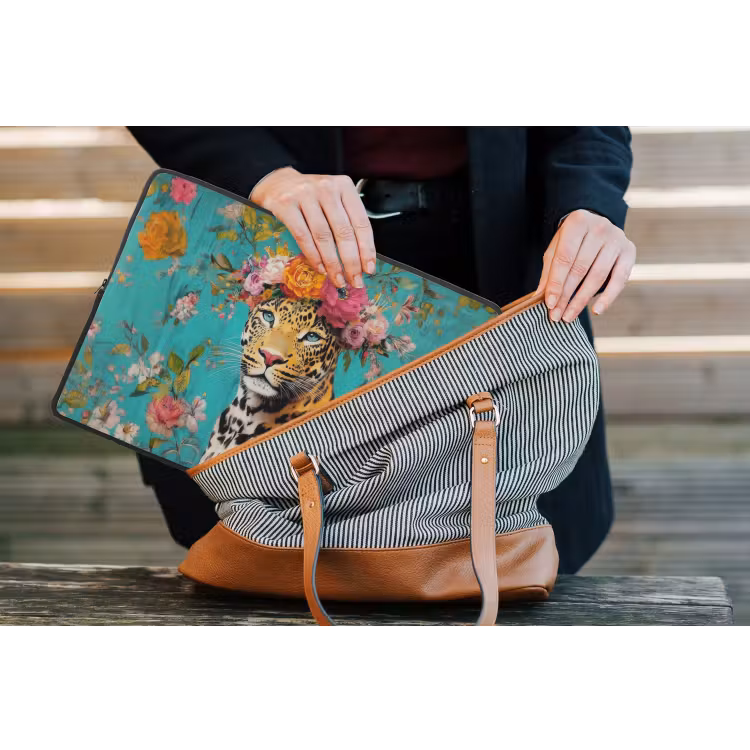 Luipaard - Bloemen - Kroon laptophoes neopreen klein -tas