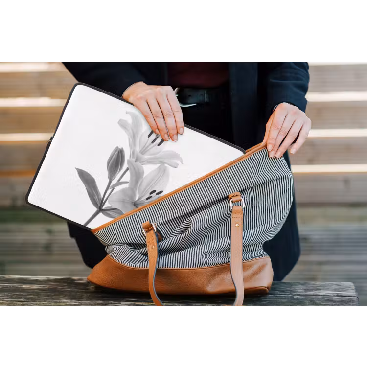 Lelies - Elegant - Zwart - Wit laptophoes neopreen klein -tas