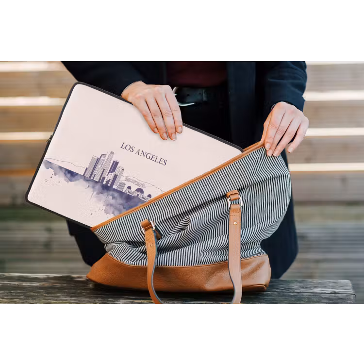 Los Angeles - Skyline - Architectuur - Aquarel - Blauw laptophoes neopreen klein -tas