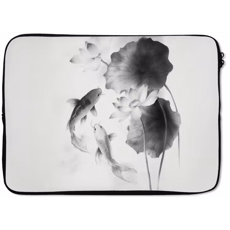 Lotusbloemen - Vissen - Bladeren - Zwart laptophoes neopreen klein -zkaufland3dotto