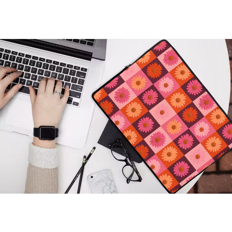 Madeliefjes - Dambord - Retro - Roze - Oranje laptophoes neopreen klein 279 -bureau