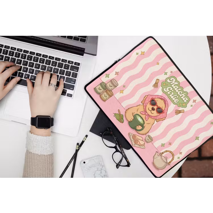 Matcha - Hond - Roze - Groen laptophoes neopreen klein -bureau