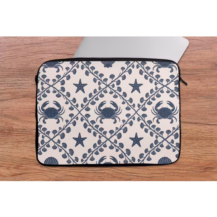 Zee - Krab - Zeester - Patroon - Blauw laptophoes neopreen klein -tafel