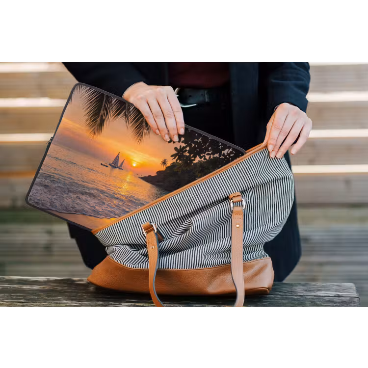 Zee - Zonsondergang - Boot - Natuur - Oranje laptophoes neopreen klein -tas