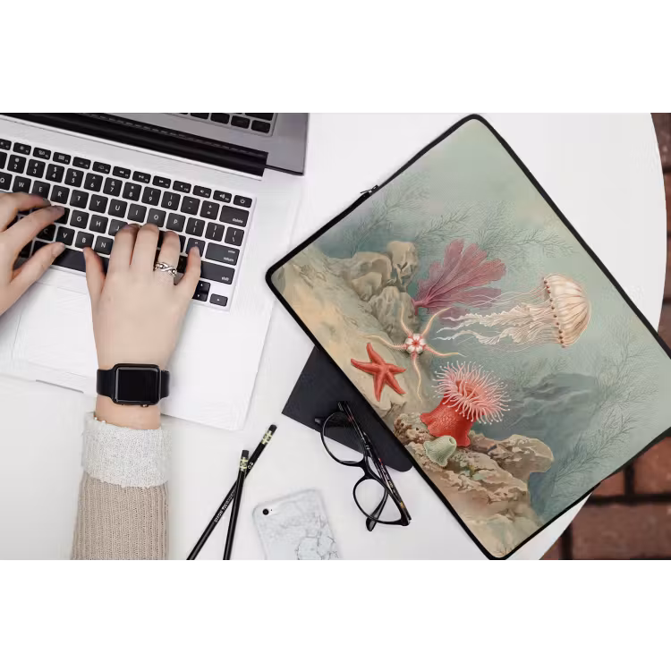 Zeeleven - Kwal - Onderwater - Illustratie - Beige laptophoes neopreen klein -bureau