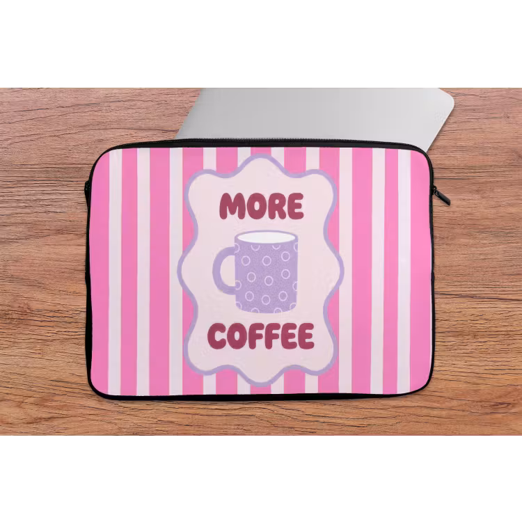 More coffee - Roze - Paars - Strepen - Mok laptophoes neopreen klein -tafel