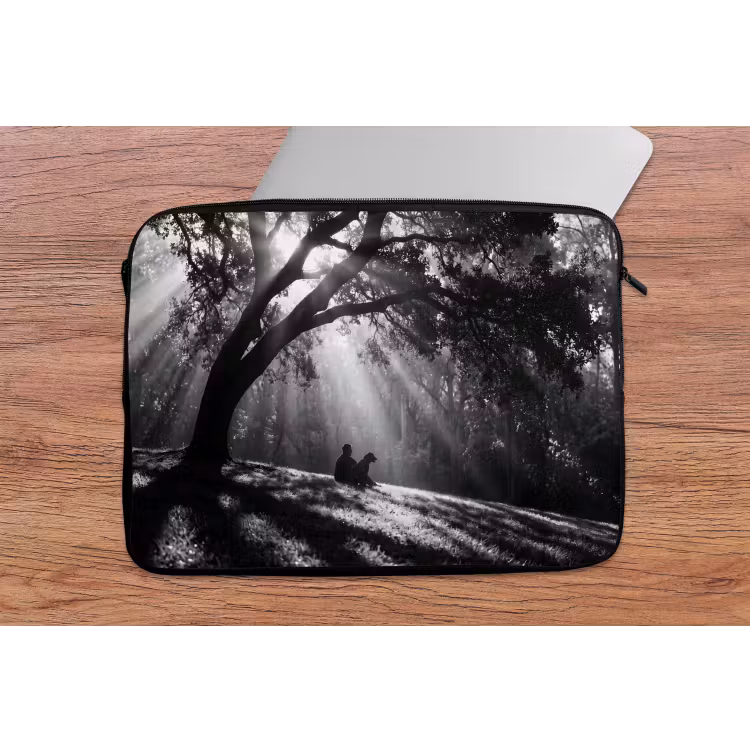 Mens - Hond - Natuur - Zwart-wit - Silhouet laptophoes neopreen klein -tafel