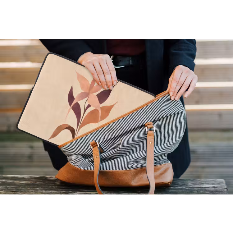 Minimalistisch - Bloem - Bladeren - Beige laptophoes neopreen klein -tas