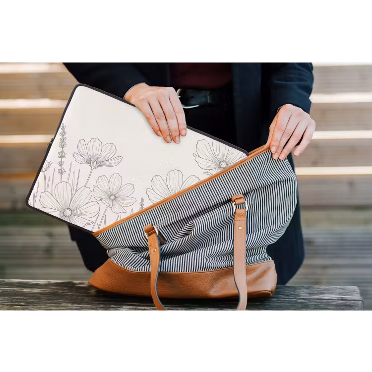 Minimalistisch - Modern - Bloemen - Beige laptophoes neopreen klein -tas