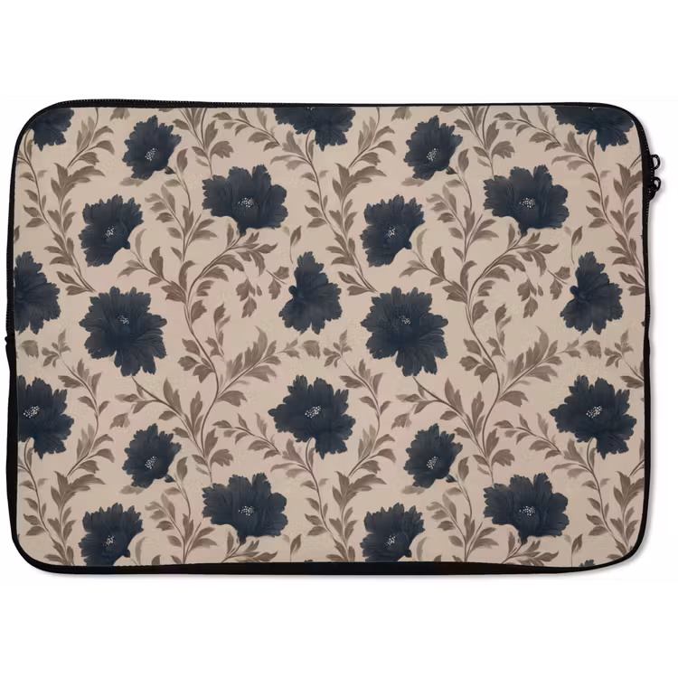 Motief - Bloemen - Zwart - Beige laptophoes neopreen klein 279 -zkaufland3dotto